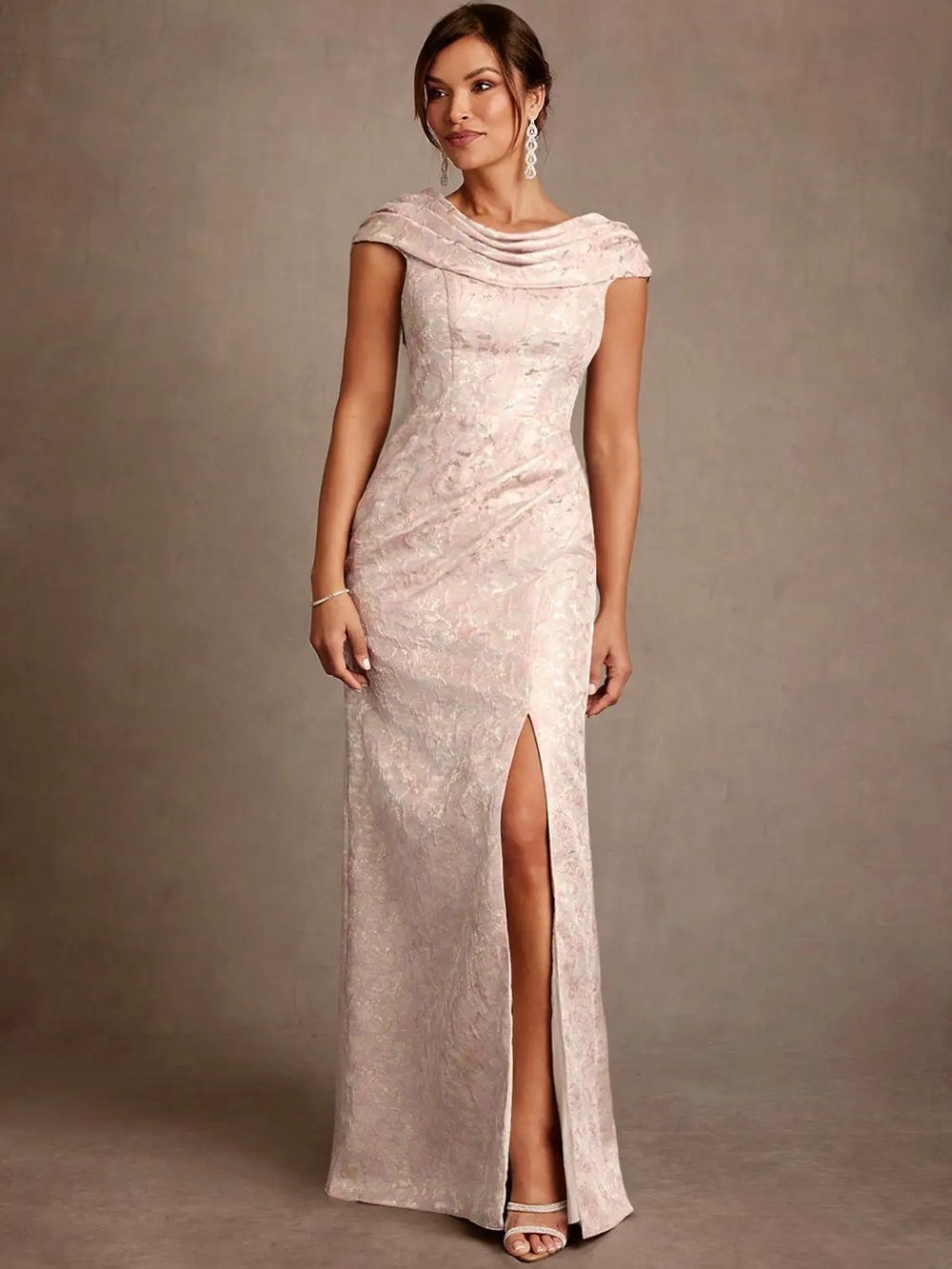 Azazie Blush Pink Cowl Neck Maxi Gown with Thigh Slit